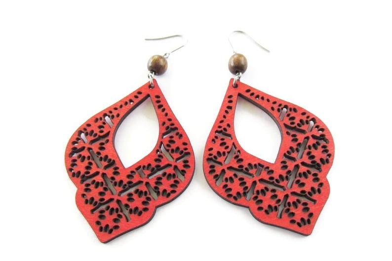 Large Red Filigree Earrings Gift for Her Urban Funky Statement Earrings Boho Wooden Earrings