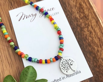 Rainbow Beaded Choker , Tree of Life Charm Pendant , Colourful Boho Hippie Jewellery , Stainless Steel Tree Necklace