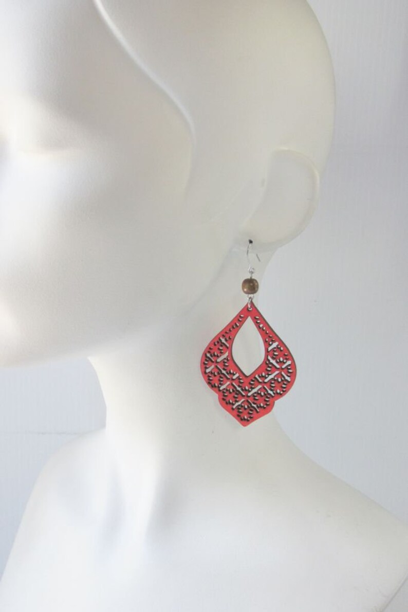 Large Red Filigree Earrings Gift for Her Urban Funky Statement Earrings Boho Wooden Earrings