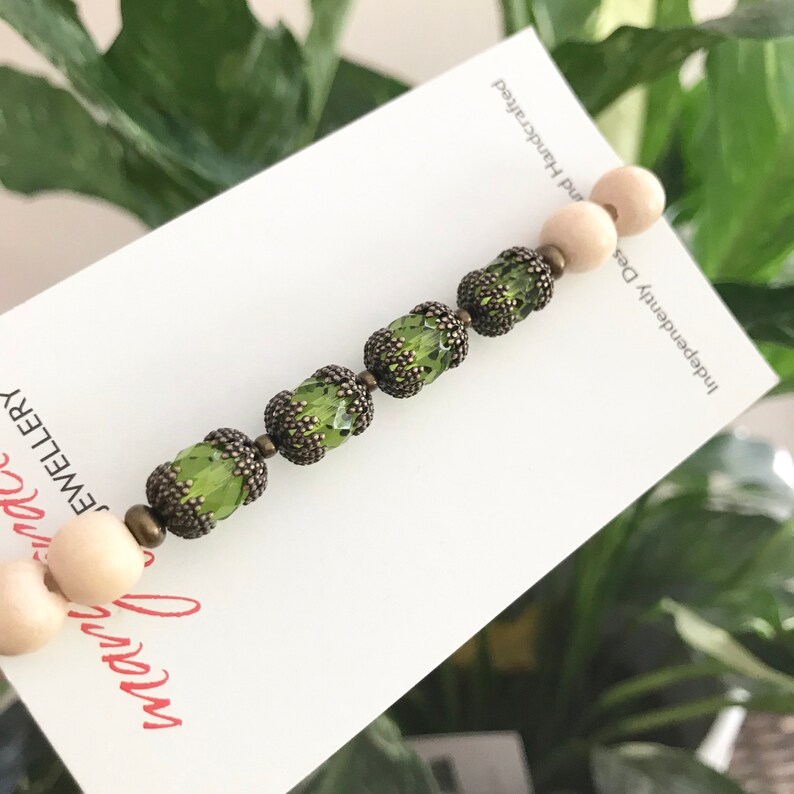 Layering Bracelet Bohemian Stretch Bracelet Gift for Her Olive Green Glass and Wood Bracelet