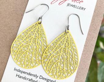 Yellow Dangle Earrings , Teardrop Metal Earrings , Lightweight Colourful Jewellery , Gift for Her