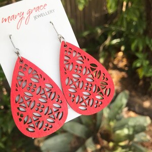 Bright Red Dangle Earrings , Teardrop Wooden Earrings , Large Lightweight Earrings , Boho Hippie Jewellery image 4