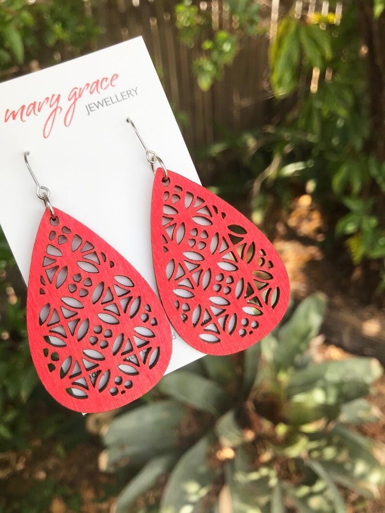 Bright Red Dangle Earrings , Teardrop Wooden Earrings , Large Lightweight Earrings , Boho Hippie Jewellery image 4