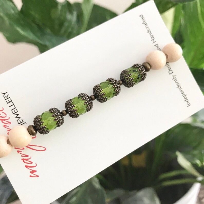 Layering Bracelet Bohemian Stretch Bracelet Gift for Her Olive Green Glass and Wood Bracelet