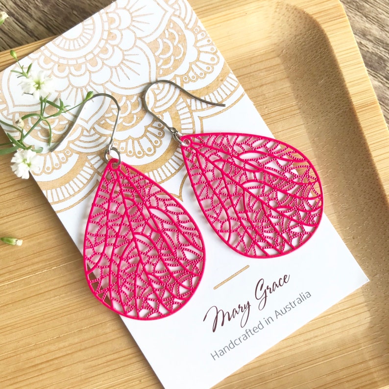 Pink Dangle Earrings , Metal Filigree Teardrop Earrings , Gift for Her , Bright Colourful Jewellery for Women image 3