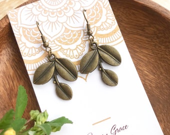 Bronze Leaf Earrings , Metal Leaf Dangles , Rustic Earthy Metal Jewellery , Nature Style Earrings , Hippie Boho Earrings