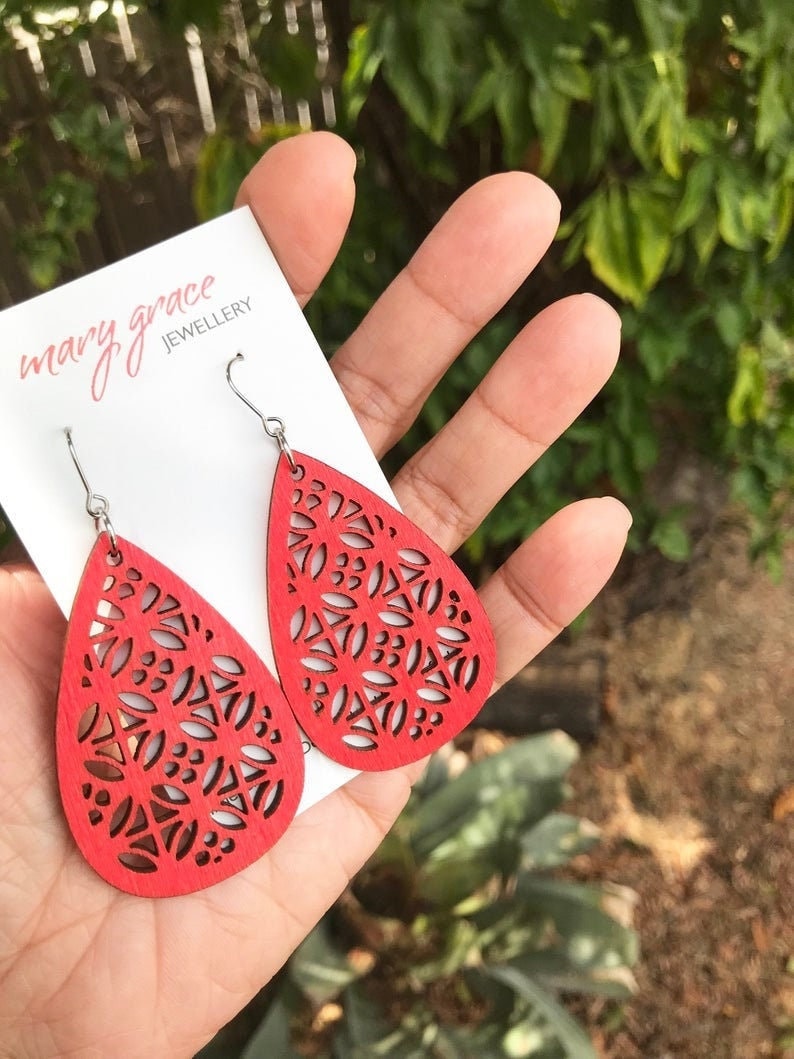 Bright Red Dangle Earrings , Teardrop Wooden Earrings , Large Lightweight Earrings , Boho Hippie Jewellery image 1