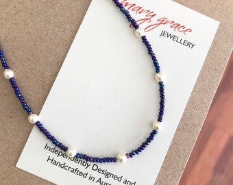 Pearl and Glass Bead Choker , Dainty Beaded Necklace , Layering Choker , Cobalt Blue Beaded Necklace