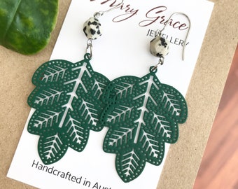 Green Leaf Dangle Earrings , Dalmatian Jasper Gemstone Bead Earrings , Nature Inspired Jewellery for Women , Boho Hippie Earrings