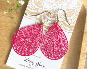 Pink Dangle Earrings , Metal Filigree Teardrop Earrings , Gift for Her , Bright Colourful Jewellery for Women