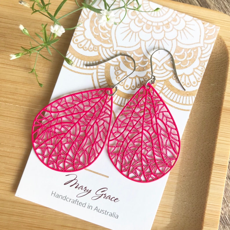 Pink Dangle Earrings , Metal Filigree Teardrop Earrings , Gift for Her , Bright Colourful Jewellery for Women image 1