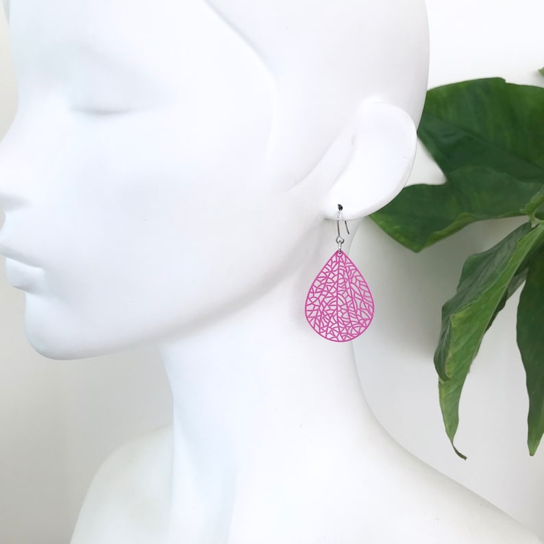 Pink Dangle Earrings , Metal Filigree Teardrop Earrings , Gift for Her , Bright Colourful Jewellery for Women image 5