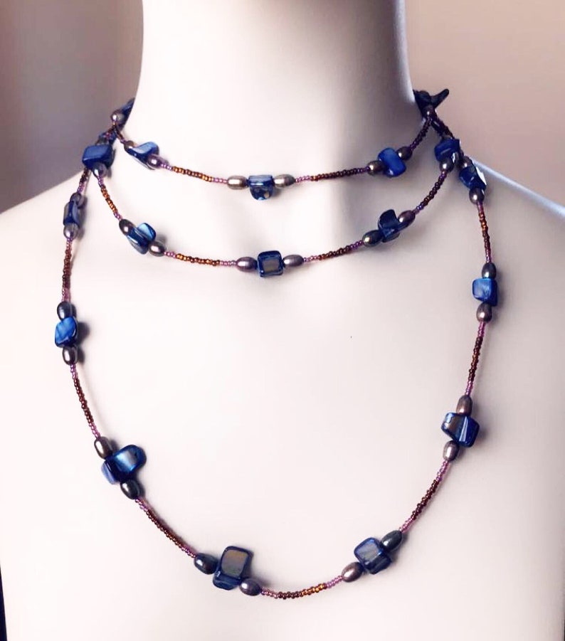Shell and Glass Jewelry for Women Extra Long Layering Necklace Beaded Wrap Bracelet Beach Boho Necklace Blue Mother of Pearl Necklace