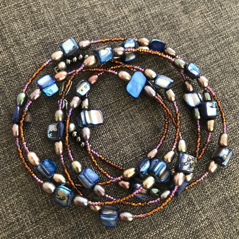 Shell and Glass Jewelry for Women Extra Long Layering Necklace Beaded Wrap Bracelet Beach Boho Necklace Blue Mother of Pearl Necklace