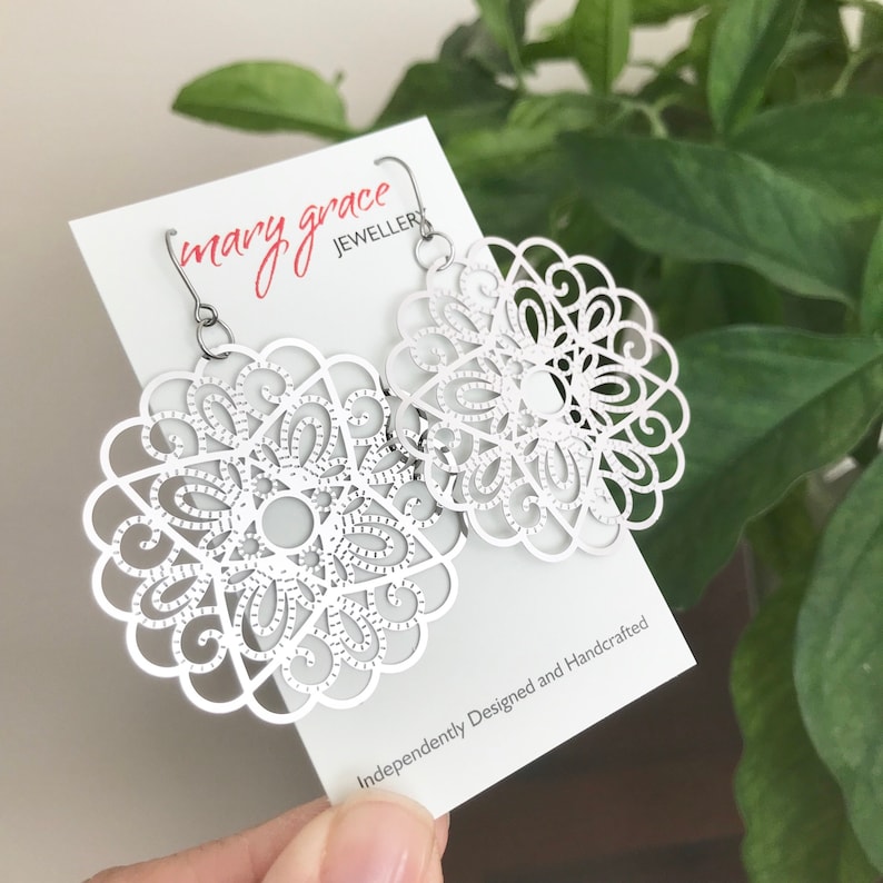 Silver Filigree Earrings Gift for Her Floral Mandala Earrings Modern Boho Style Jewelry Steel Metal Earrings