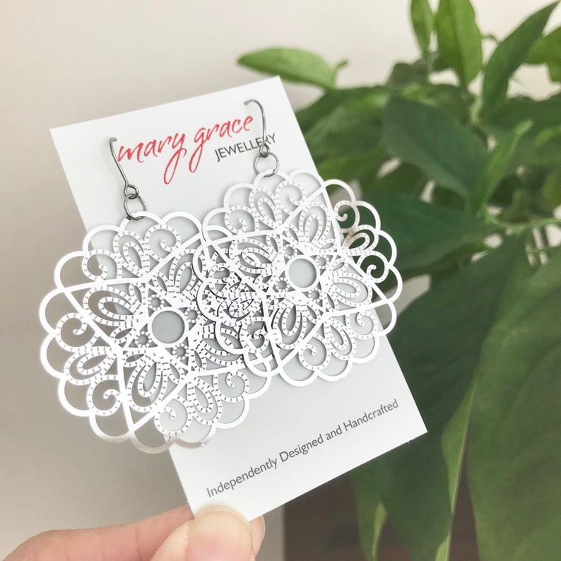 Silver Filigree Earrings Gift for Her Floral Mandala Earrings Modern Boho Style Jewelry Steel Metal Earrings