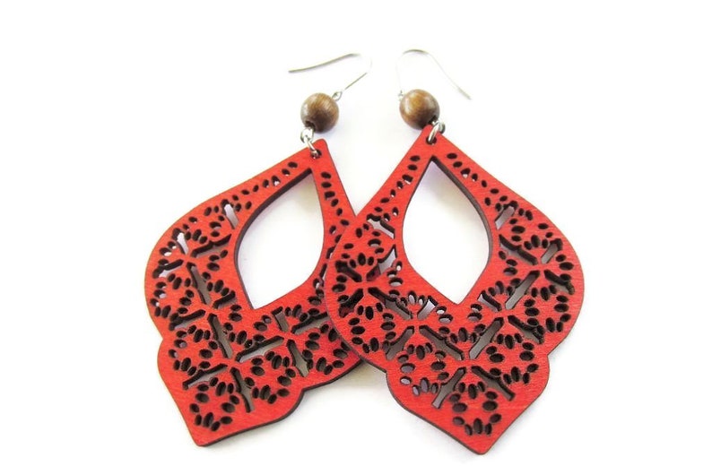 Large Red Filigree Earrings Gift for Her Urban Funky Statement Earrings Boho Wooden Earrings