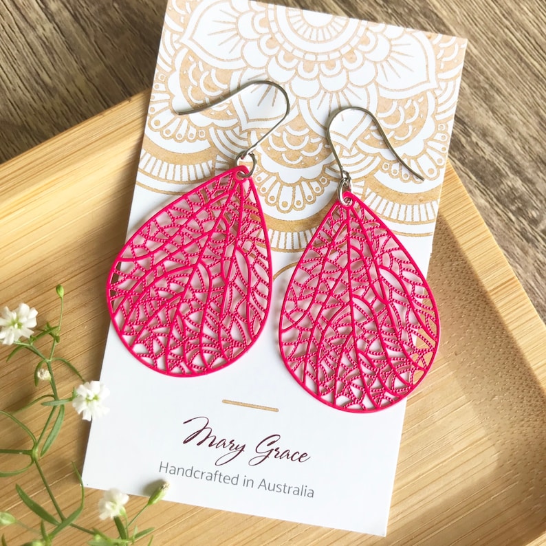 Pink Dangle Earrings , Metal Filigree Teardrop Earrings , Gift for Her , Bright Colourful Jewellery for Women image 4