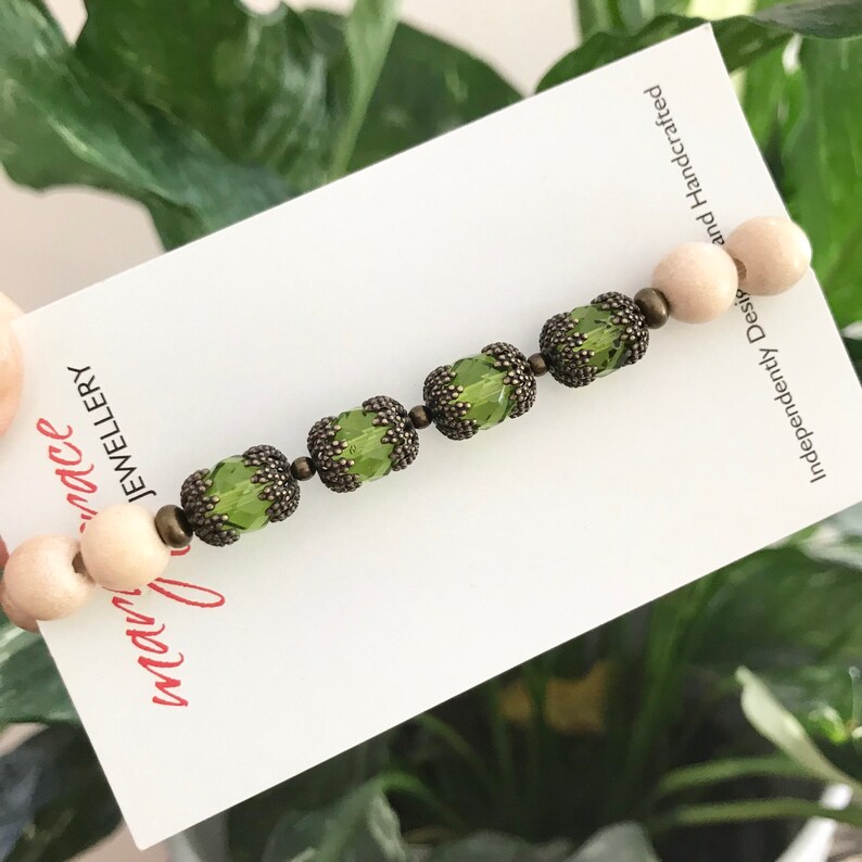 Layering Bracelet Bohemian Stretch Bracelet Gift for Her Olive Green Glass and Wood Bracelet