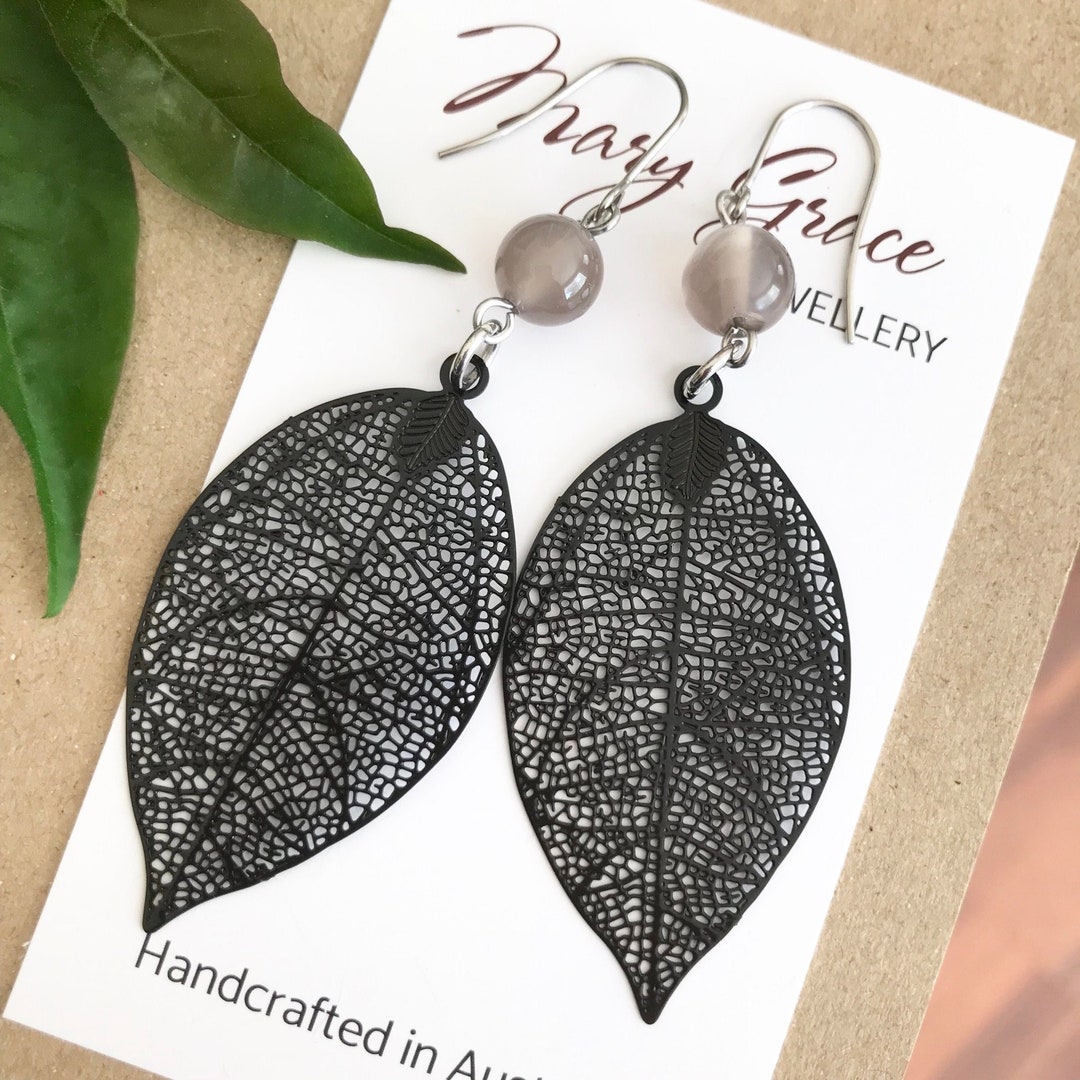 Black Leaf Earrings , Nature Inspired Bohemian Hippie Jewellery , Grey