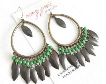 Bohemian Chandelier Earrings , Fringe Dangle Earrings , Rustic Metal and Glass Jewellery