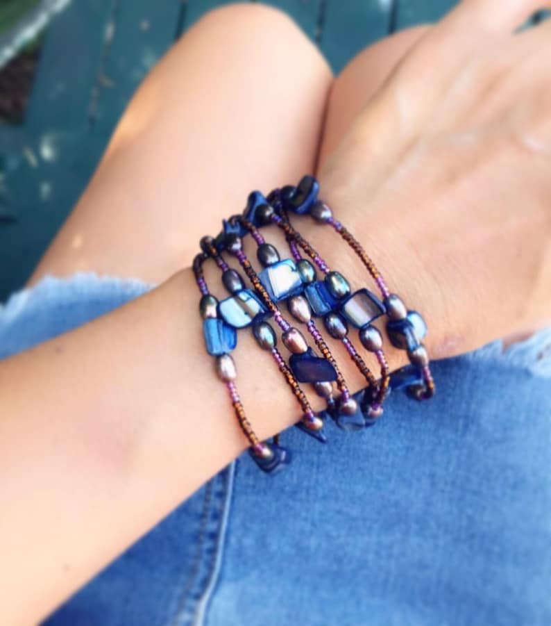 Shell and Glass Jewelry for Women Extra Long Layering Necklace Beaded Wrap Bracelet Beach Boho Necklace Blue Mother of Pearl Necklace