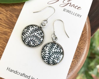 Black and White Fern Leaf Earrings , Modern Nature Inspired Jewellery , Glass and Metal Drops , Hypoallergenic Stainless Steel