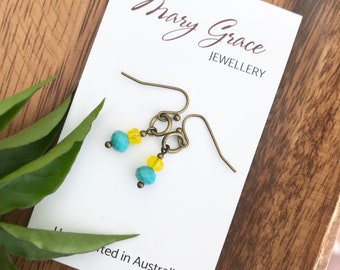 Little Blue and Yellow Earrings , Small Glass Drops , Petite Everyday Wear Earrings , Simple Jewellery , Glass Beaded Earrings , Under 10