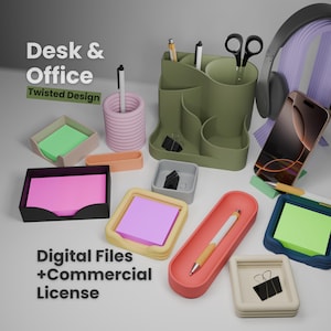Desk & Office Accessories Set - 12 Items - 3D Printed Desk Organizer, Pen Holder, Phone Stand, Workspace Decor Gift - Commercial License
