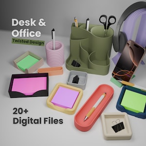 Desk & Office Accessories Bundle - Digital STL Files Download - 3D Printed Desk Organizer, Pen Holder, Phone Stand, Workspace Decor Gift
