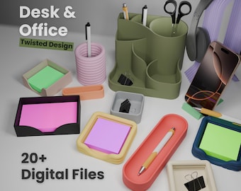 Desk & Office Accessories Bundle - Digital STL Files Download - 3D Printed Desk Organizer, Pen Holder, Phone Stand, Workspace Decor Gift