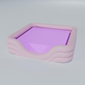 May include: A pink, wavy, plastic desk organizer for sticky notes. The organizer is filled with a stack of purple sticky notes.