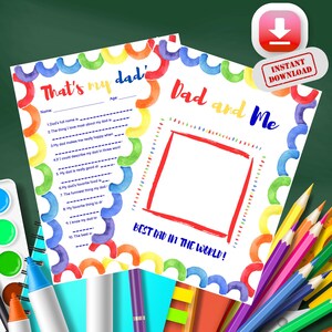 Puede incluir: Dos páginas imprimibles con diseños de acuarela coloridos. Una página dice "That's my dad" y la otra "Dad and Me". Las páginas tienen indicaciones para completar y un espacio para una foto. Incluye un icono de descarga digital.