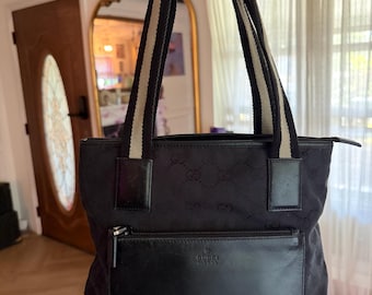 Authentic Vintage Gucci GG Canvas Tote – Black with Iconic Web Straps