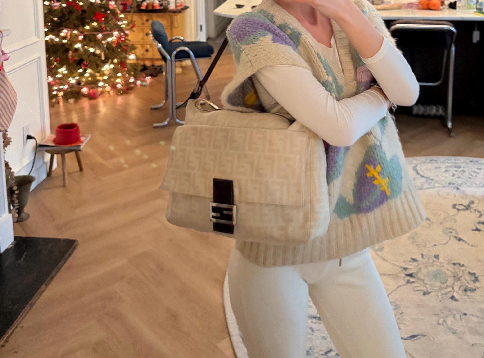 Authentic Vintage Fendi Zucca Mamma Baguette, Beige Canvas