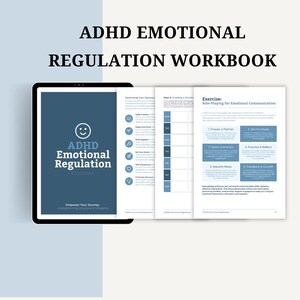Op de afbeelding: Een digitale werkmap getiteld "ADHD Emotional Regulation Workbook" wordt weergegeven op een tablet. De omslag is blauw met de titel en een smiley-pictogram. De pagina's van de werkmap zijn open en tonen oefeningen.