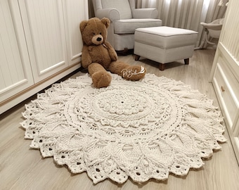 Ecru Großer Runder Teppich, Häkelteppich fürs Kinderzimmer, Babyparty Geschenk, Waschbar