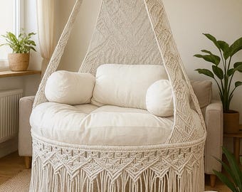 Makramee-Hängesschaukel, Boho-Hängesessel, Indoor-Outdoor-Hängesitz, handgefertigte Makramee-Schaukel für Balkon, Schlafzimmer und Garten