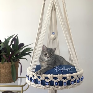 Evil Eye Hanging Cat Bed with Cat Toys, Macrame Cat Hammock, Cat Tree, Boho Cat Swing, Perfect Cat Lover Gift and Pet Gift Idea