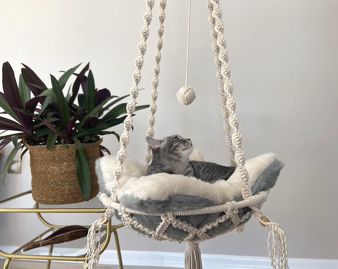 Macrame Cat Hammock, Cat Bed with Plush Cushion, Cat Tree, Handmade Hanging Dog Bed, Macrame Wall Cat Swing, Cat lover gifts, Pets Gifts