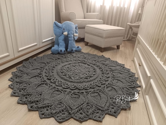 Large Gray Crochet Round Nursery Rug, Washable Cotton Rug, Doily Rug, Bath Mat, Handmade Carpet, Bathroom Rug, Kids Room Rug, New Home Gift