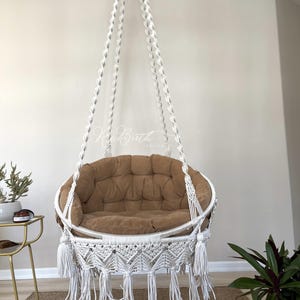 Macrame Hanging Chair: Round Swing with Cushion, Indoor/Outdoor