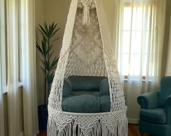 Handgefertigter Hängesessel, Boho Makramee Schaukel mit Kissen, Indoor Outdoor Hängesessel für Schlafzimmer, Wohnzimmer, Kinderzimmer & Balkon