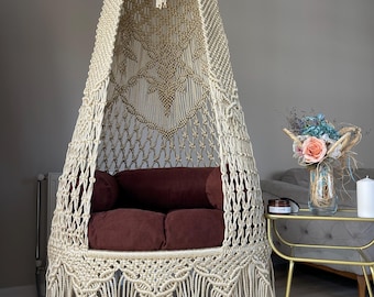 Luxus Boho Makramee Schaukel für Hochzeitsdekor & Zuhause • Handgefertigter hängender Hängemattensitz • Boho Hochzeitsrequisite • Gemütlicher Lounge Sessel