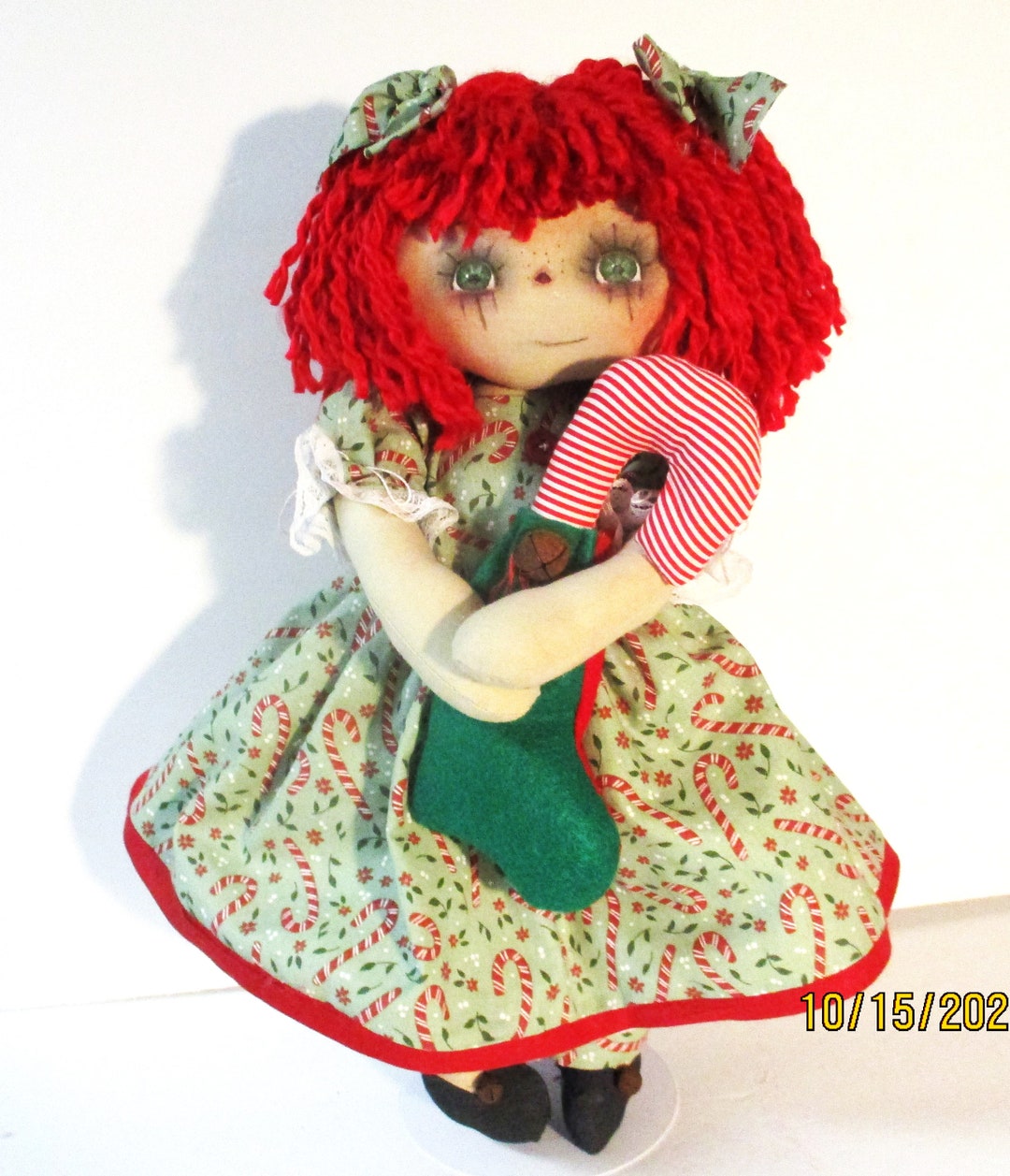 Prim Art Handmade Christmas Raggedy Ann Doll joy Ann Stocking /candy ...