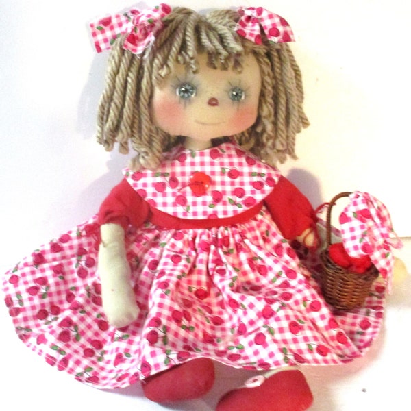 Primitive Raggedy Ann Doll "MELANIE" with Fern Basket and HM Cherries