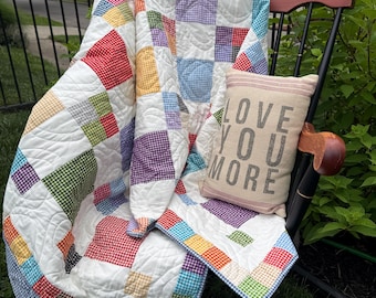 Edredón Cornerstones hecho a mano de 244 x 198 cm / Cuadros coloridos / Edredón de algodón de herencia / Ropa de cama estilo granja / Edredón con ribete a mano / Manta de tamaño matrimonial
