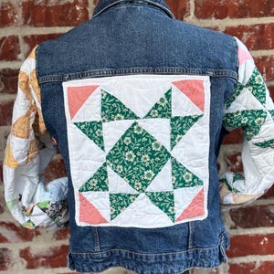 Upcycled Denim Jacket with Vintage Quilt Patchwork Sleeves | Boho Wearable Art