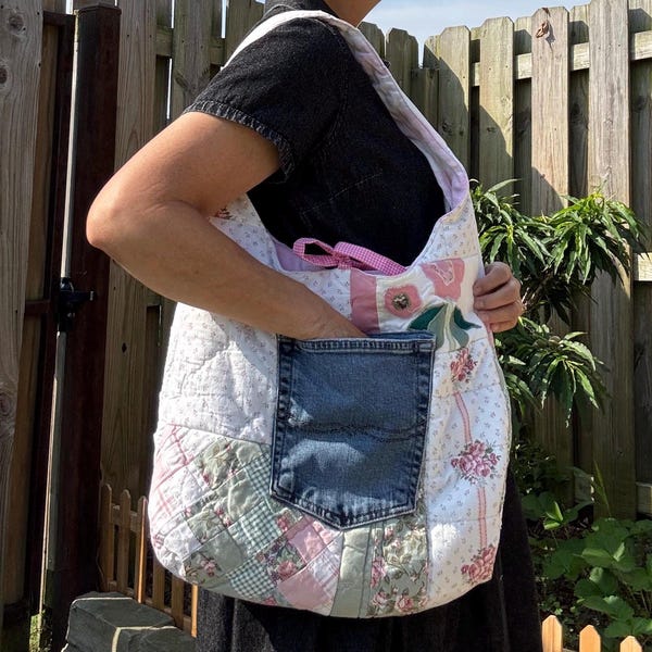 Reversible Vintage Quilt Patchwork Bucket Bag | Handmade Cottagecore Shoulder Bag