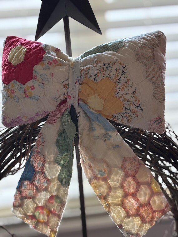 Handmade Vintage Quilt Bow • Upcycled Patchwork Bow • Cottagecore Decor